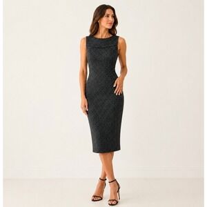 Kay Unger Dress Size 10 Black Sleeveless Sheath Midi Lined Textured Jacquard